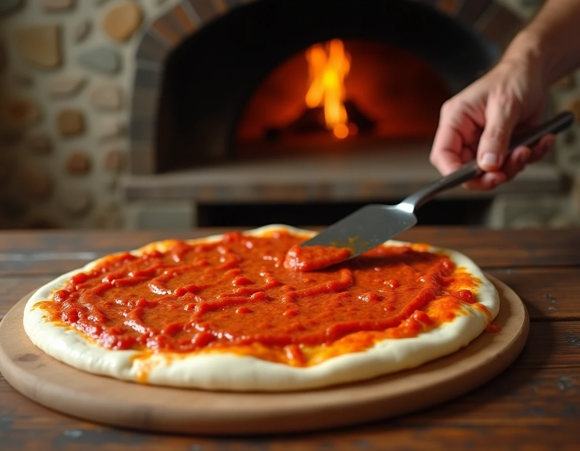 Nduja calabraise étalée sur une pizza margherita avant enfournement, dégageant une couleur rouge-orangée intense