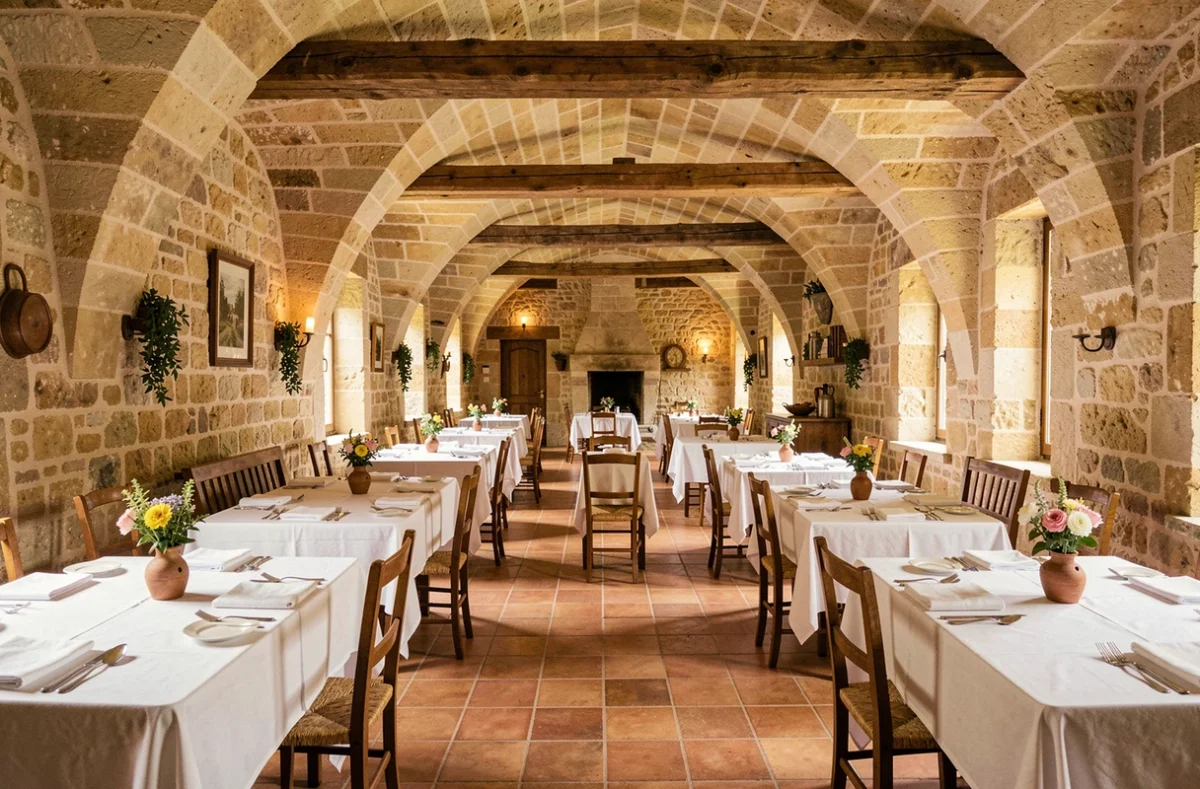 Salle voûtée en pierre de L'Oustau de Baumanière aux Baux-de-Provence avec tables romantiques dressées sous des arches historiques en calcaire
