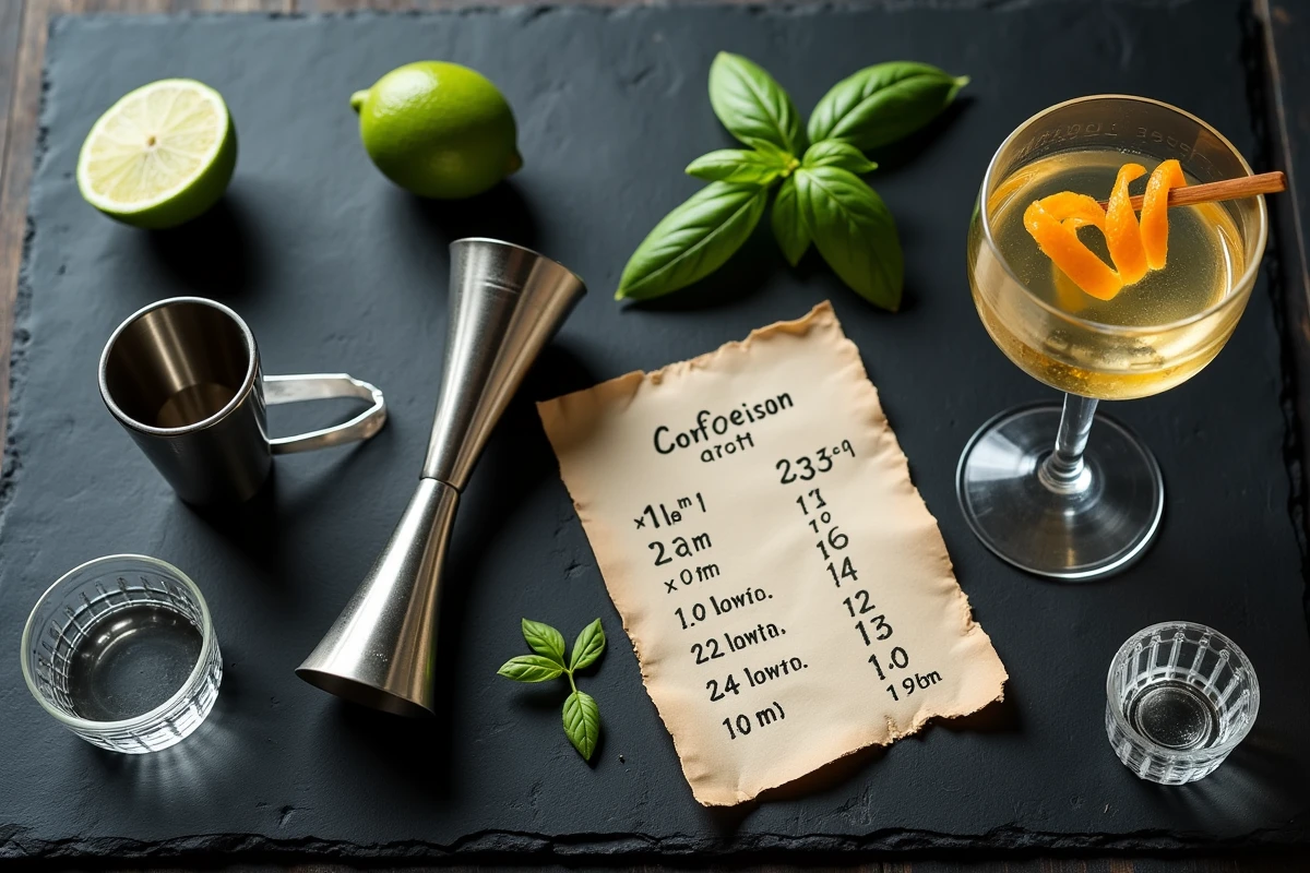 Vue de dessus des outils de mesure pour cocktails incluant jigger, verre doseur et tableau de conversion millilitres en litres