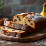 Pain aux bananes moelleux tranché sur une planche en bois rustique avec pépites de chocolat et noix