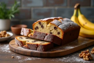 Pain aux bananes moelleux tranché sur une planche en bois rustique avec pépites de chocolat et noix