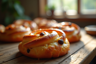 Pain aux raisins frais sur une table en bois ensoleillée