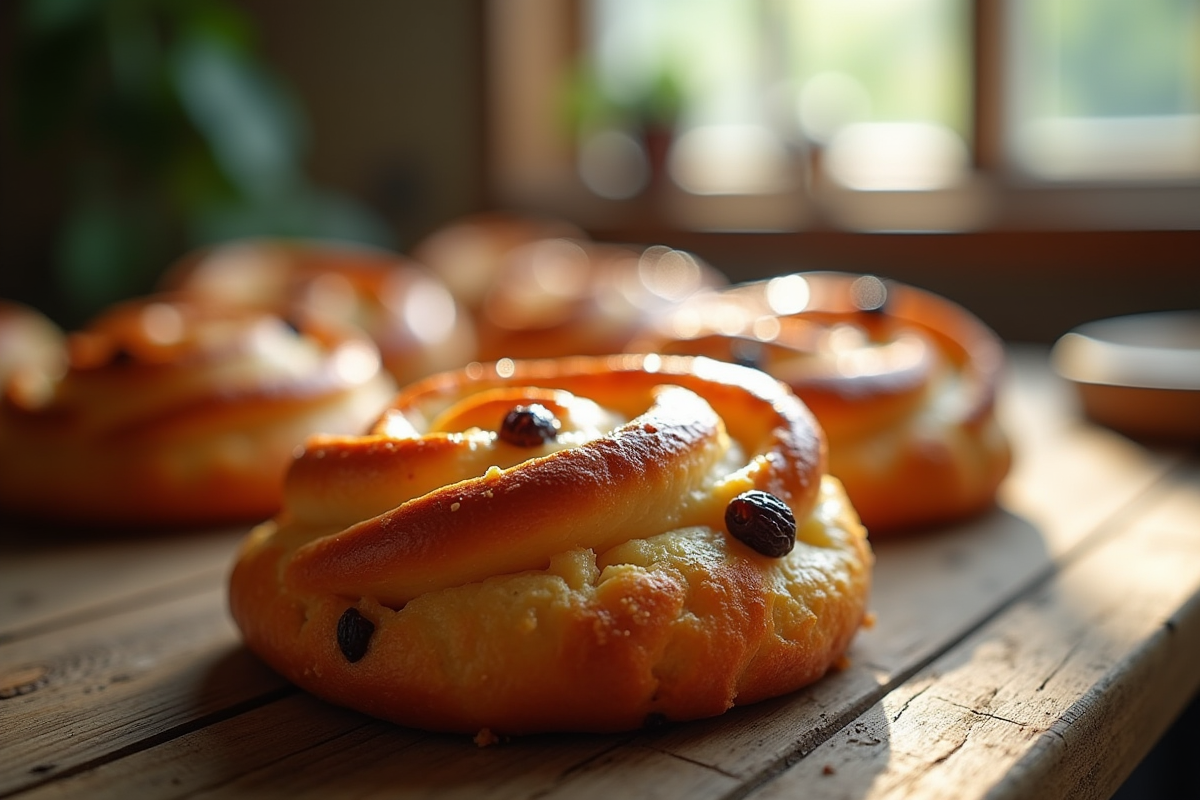 Pain aux raisins frais sur une table en bois ensoleillée