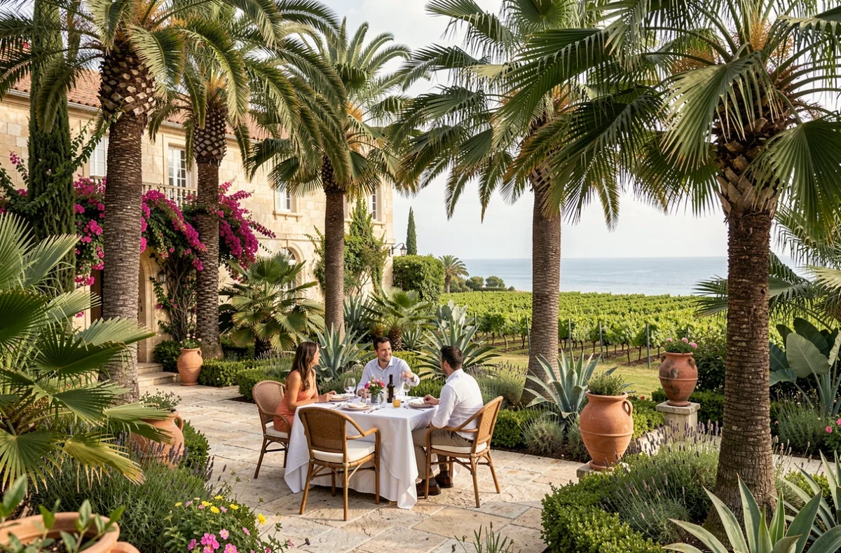 Table romantique dressée en plein air dans le jardin tropical de La Palmeraie au Château de Valmer sur la presqu'île de Saint-Tropez entourée de palmiers et de bougainvilliers avec vue sur la mer