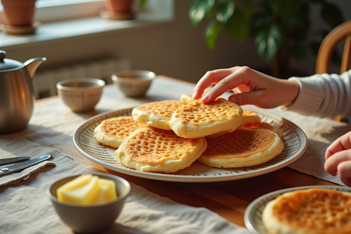 Famille dégustant des baghrirs sur une table en bois