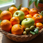 Panier de fruits colorés avec oranges olives et pommes