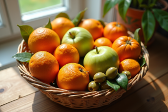 Panier de fruits colorés avec oranges olives et pommes