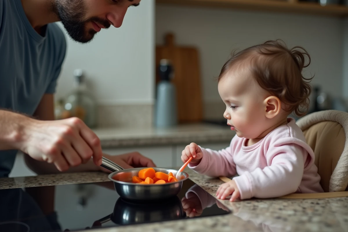 Papa vérifiant la cuisson des carottes dans la casserole avec sa fille