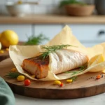 Papillote de poisson dorée posée sur une planche en bois rustique entourée de citron et herbes fraîches, recette minceur légère et savoureuse