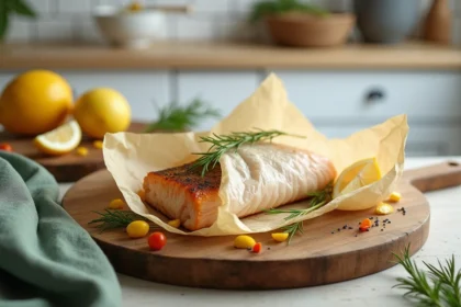 Papillote de poisson dorée posée sur une planche en bois rustique entourée de citron et herbes fraîches, recette minceur légère et savoureuse