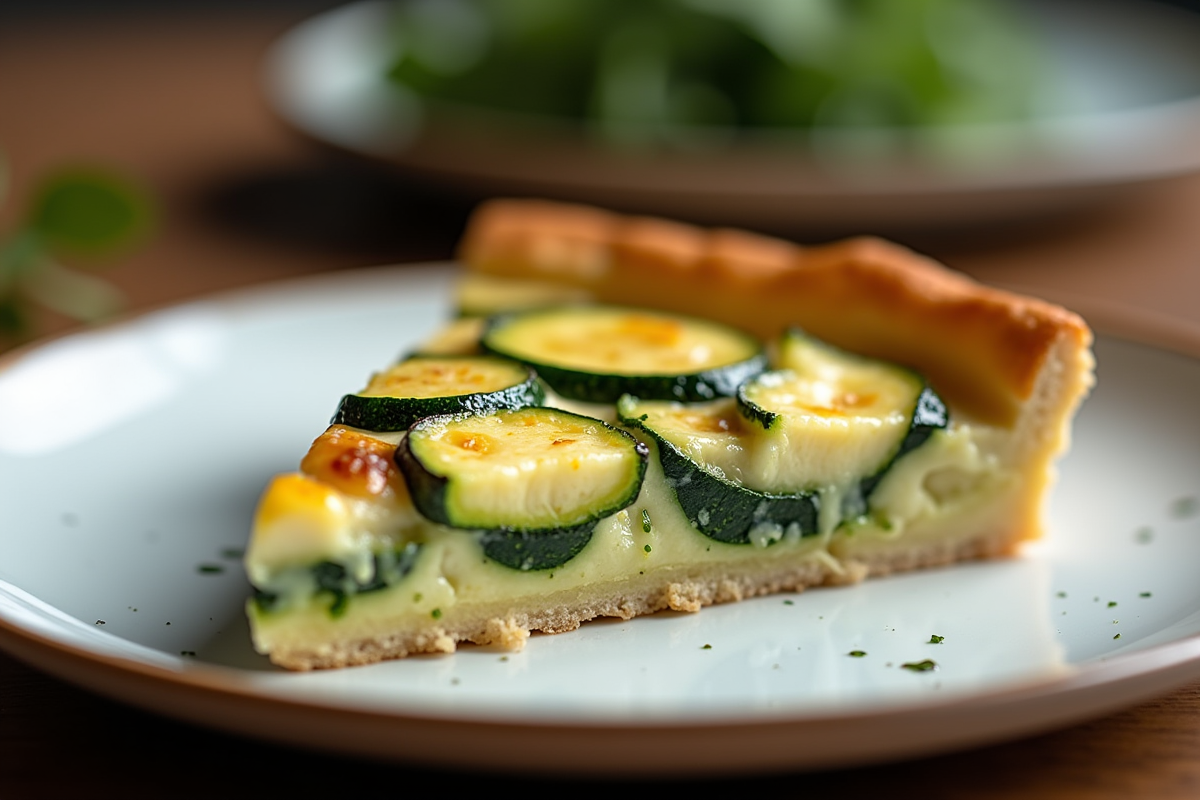 Tranche de tarte courgette et chèvre sur assiette élégante