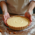 Main de boulanger renversant la creme d'amande sur la tarte