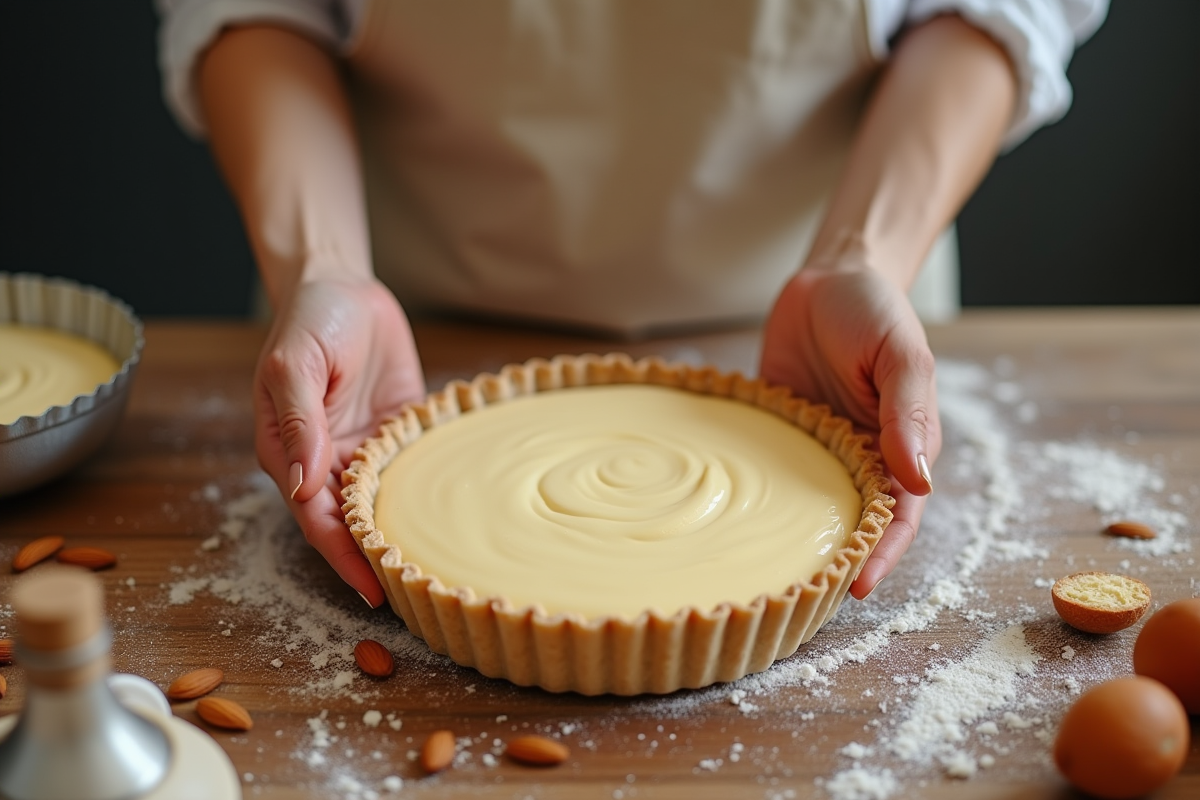 Main de boulanger renversant la creme d'amande sur la tarte