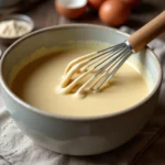 Bol en céramique rempli de pâte à crêpes à la farine complète avec un fouet en bois, sur un plan de travail en bois rustique