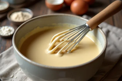 Bol en céramique rempli de pâte à crêpes à la farine complète avec un fouet en bois, sur un plan de travail en bois rustique