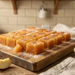 Carrés de pâte de fruit à la pomme saupoudrés de sucre cristallisé sur une planche en bois rustique