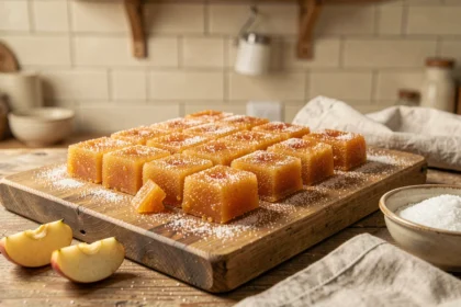 Carrés de pâte de fruit à la pomme saupoudrés de sucre cristallisé sur une planche en bois rustique
