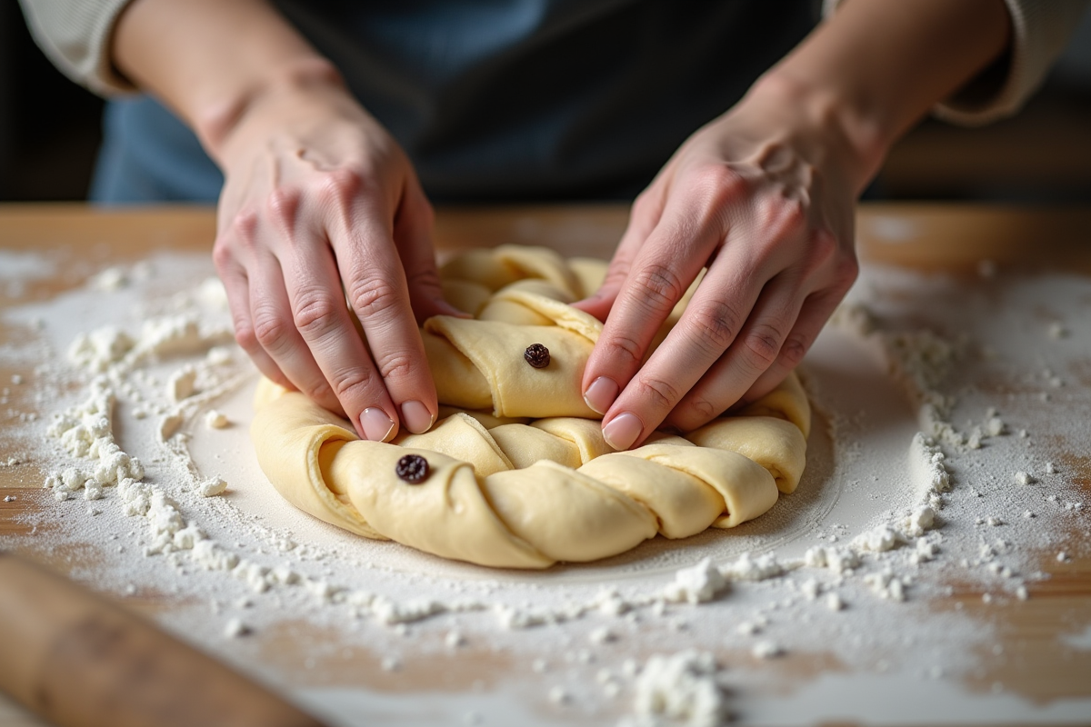 Mains d’un boulanger pliant la pâte pour pain aux raisins