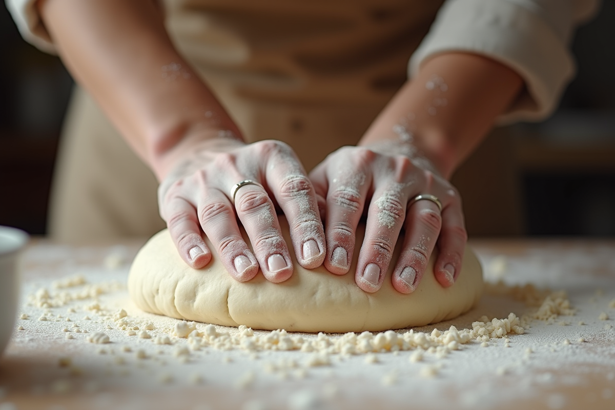Mains de boulanger pétrissant la pâte à la farine