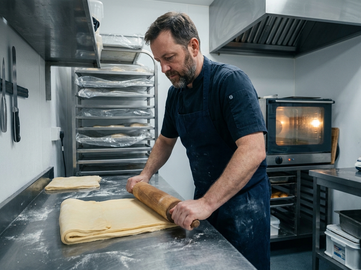Homme étalant une pâte feuilletée pour croissants sur un plan de travail professionnel installé dans une cuisine domestique