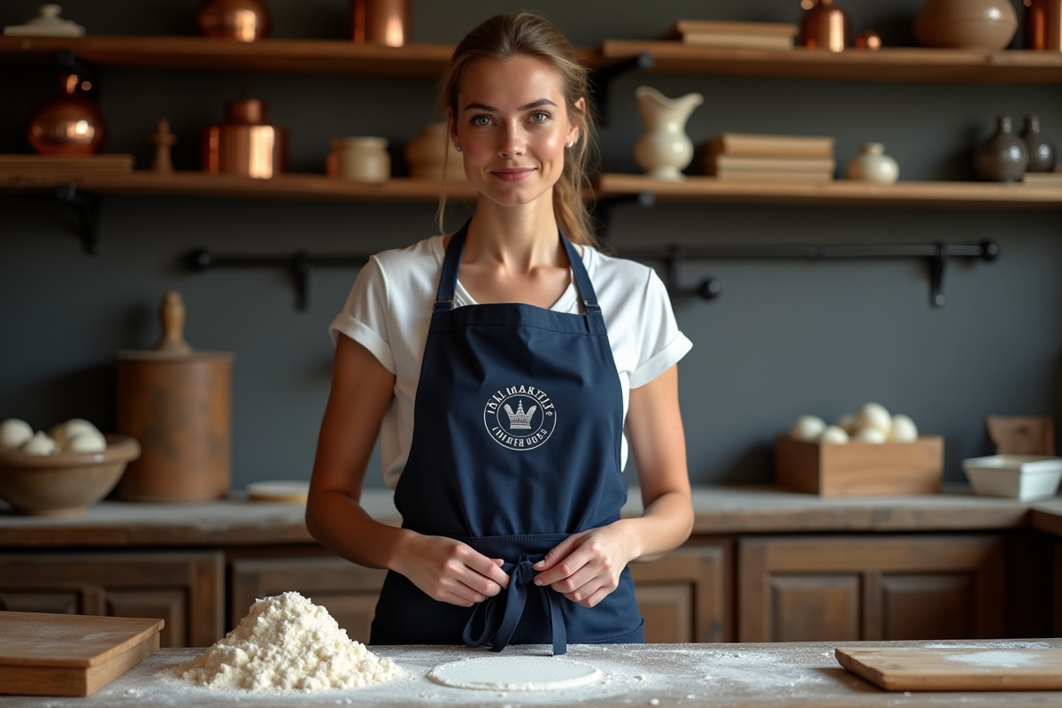 Jeune femme pâtissière en atelier avec farine et ustensiles
