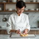 Femme pâtissière en blanc pipant des macarons