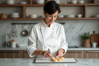 Femme pâtissière en blanc pipant des macarons