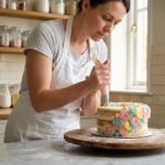 Femme réalisant le glaçage d'un gâteau à étages chez elle avec une poche à douille, dans une cuisine au style artisanal