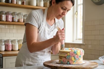 Femme réalisant le glaçage d'un gâteau à étages chez elle avec une poche à douille, dans une cuisine au style artisanal