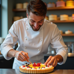 Jeune pâtissier québécois en action dans une cuisine moderne