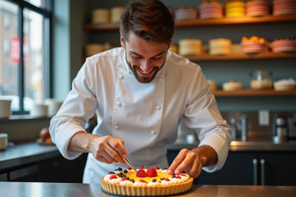 Jeune pâtissier québécois en action dans une cuisine moderne