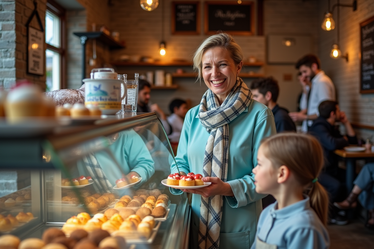 Pâtissière québécoise avec gâteau dans une pâtisserie chaleureuse