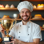 Pâtissier heureux avec trophée en cuisine lumineuse