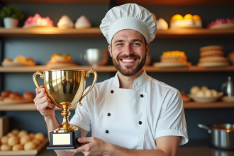 Pâtissier heureux avec trophée en cuisine lumineuse