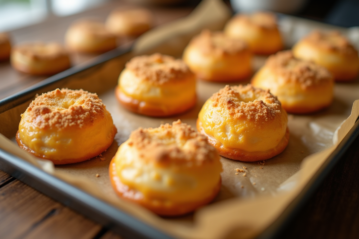 Choux pâtisseries dorés avec craquelin en gros plan