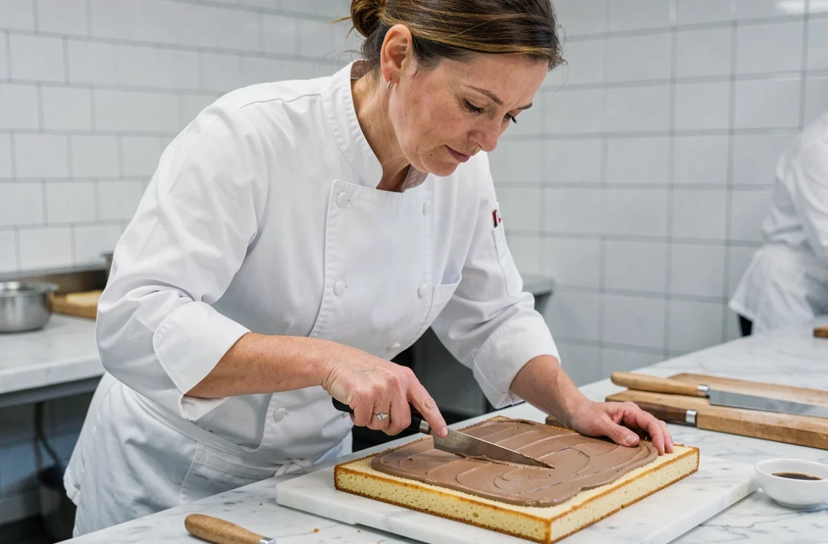Cheffe pâtissière étalant la crème au beurre café sur un biscuit joconde lors de la préparation d'un gâteau opéra