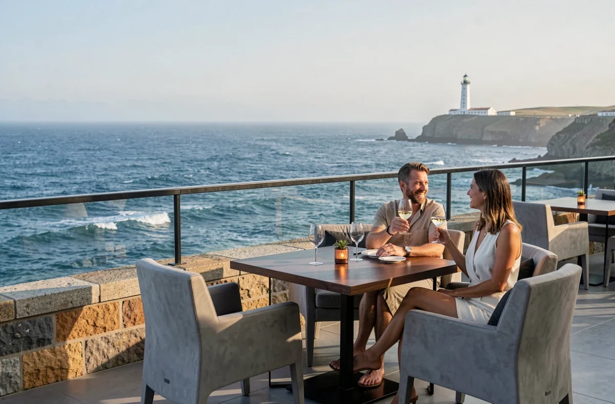 Terrasse du Pavillon du Phare à Biarritz avec vue sur l'Atlantique, le phare et mobilier contemporain en bois sombre