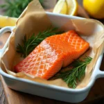 Peau de saumon croustillante après cuisson au four dans un plat en céramique blanche avec aneth et citron