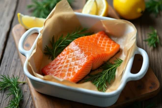 Peau de saumon croustillante après cuisson au four dans un plat en céramique blanche avec aneth et citron
