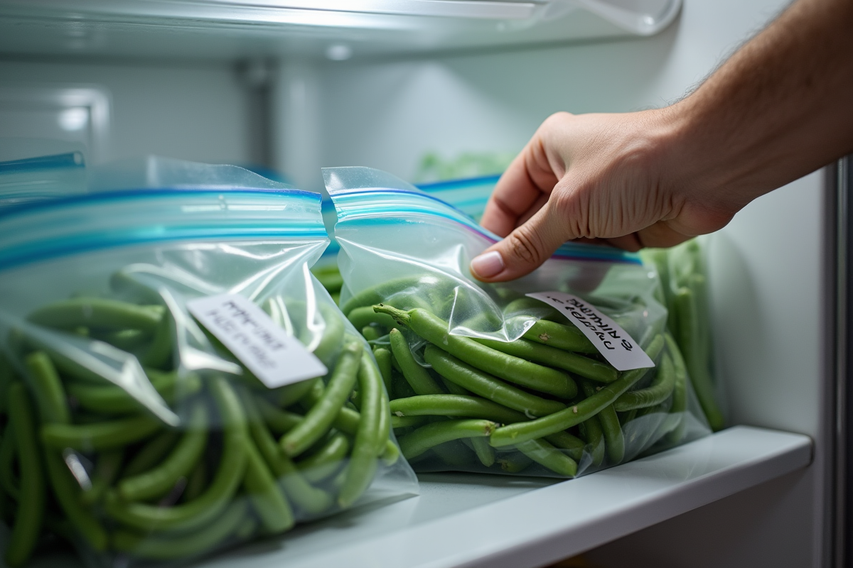 Personne plaçant des sacs de haricots verts dans le congélateur