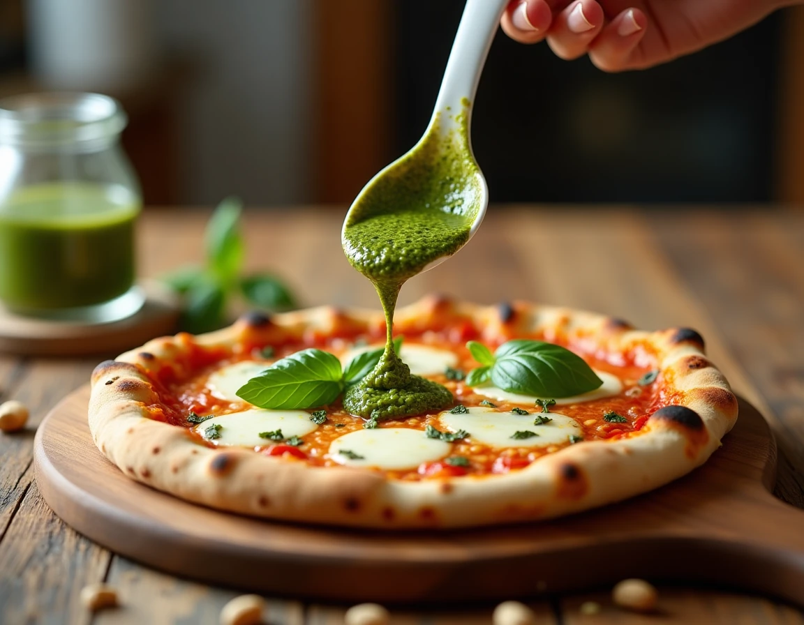 Filet de pesto de basilic versé sur une pizza margherita chaude à la sortie du four