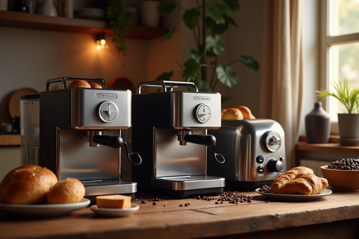 Appareils Delonghi avec pâtisseries sur table en bois