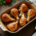 Pilons de poulet dorés et moelleux dans un plat en céramique rustique, garnis d'herbes fraîches, recette douce pour enfants