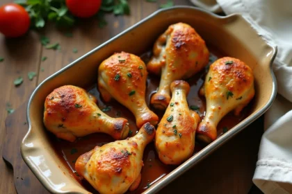 Pilons de poulet dorés et moelleux dans un plat en céramique rustique, garnis d'herbes fraîches, recette douce pour enfants