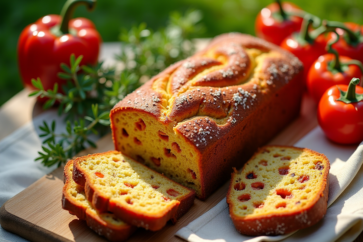 Scène de pique-nique avec gâteau au chorizo et poivrons