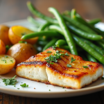 Assiette de pommes de terre rôties aux herbes avec poisson blanc grillé