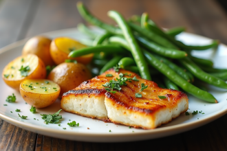 Assiette de pommes de terre rôties aux herbes avec poisson blanc grillé