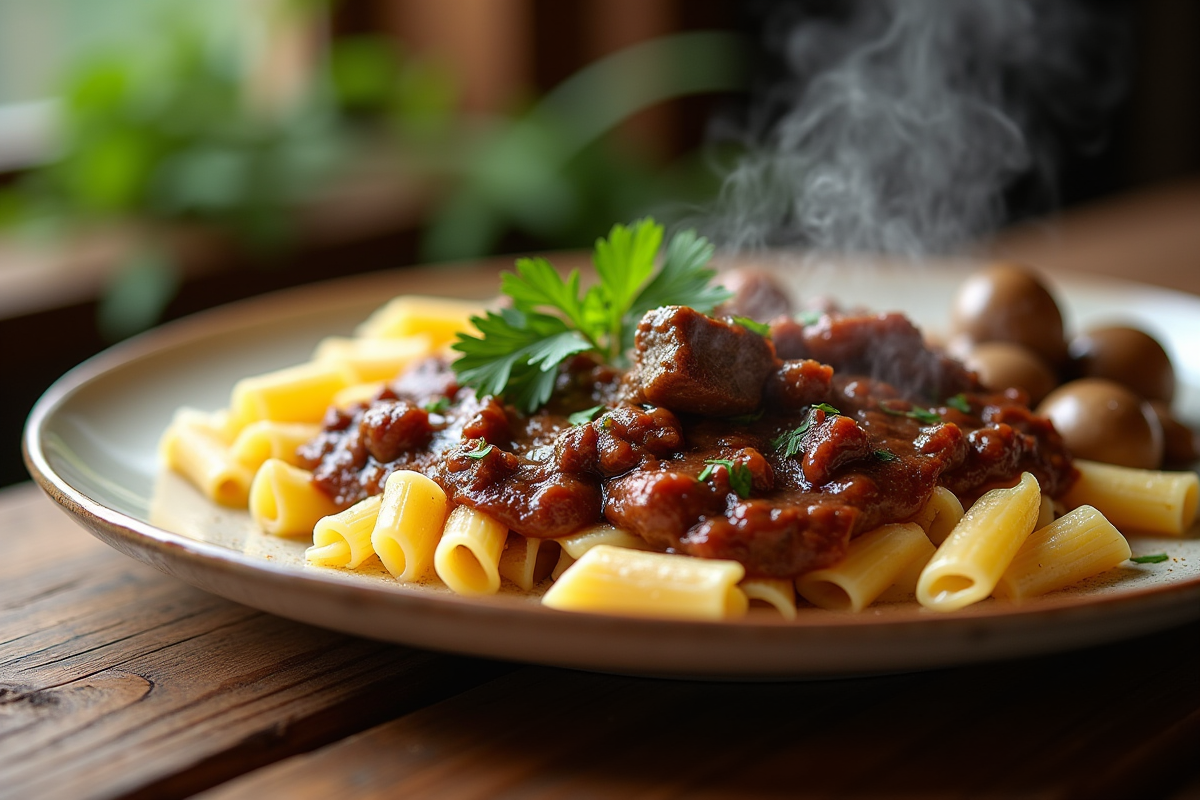 Assiette de boeuf bourguignon avec pâtes et champignons