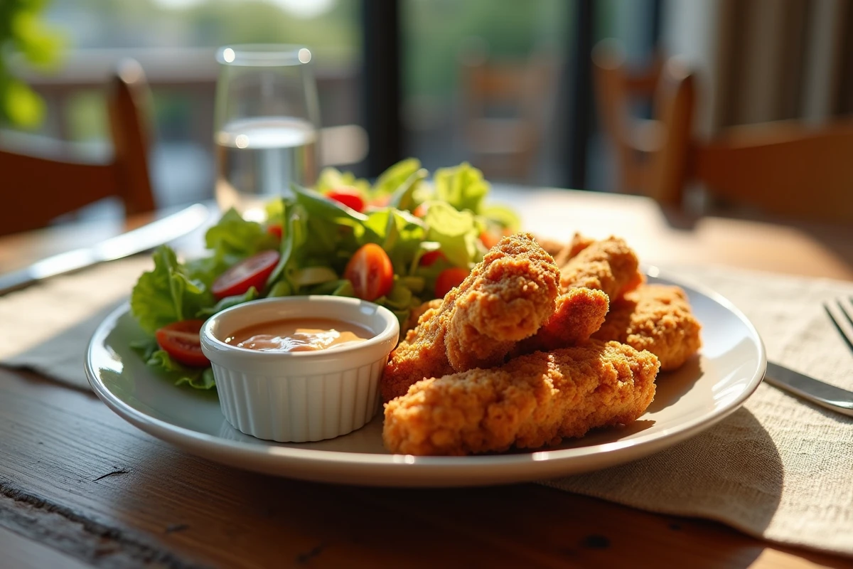 Assiette de tenders croustillants avec salade et sauce dans la salle à manger