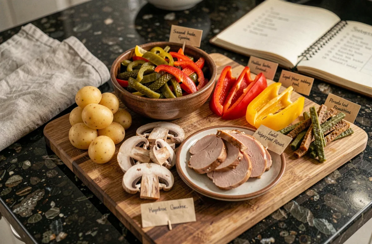 Plateau de raclette organisé avec options végétariennes et halal, légumes frais et charcuterie sur planche en bois